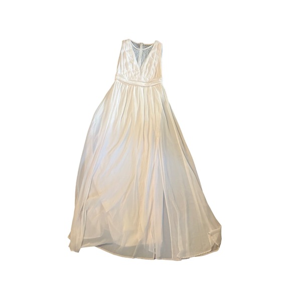 Women M Lulu's Maxi Gown Bridesmaid Wedding Dress Ivory Lace Mesh Overlay Plunge - Picture 1 of 6